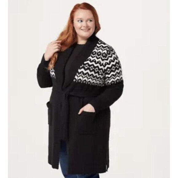 Isaac Mizrahi Live! Shawl Collar Fair Isle Cardigan with Belt Black Small - Picture 1 of 5
